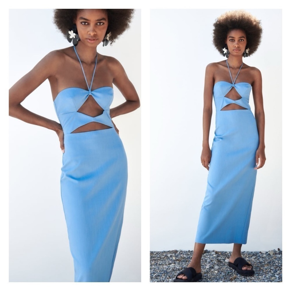ZARA Blue Cutout Halter Sleeveless Bodycon Midi Cocktail Dress Size XL NWT - Picture 3 of 15